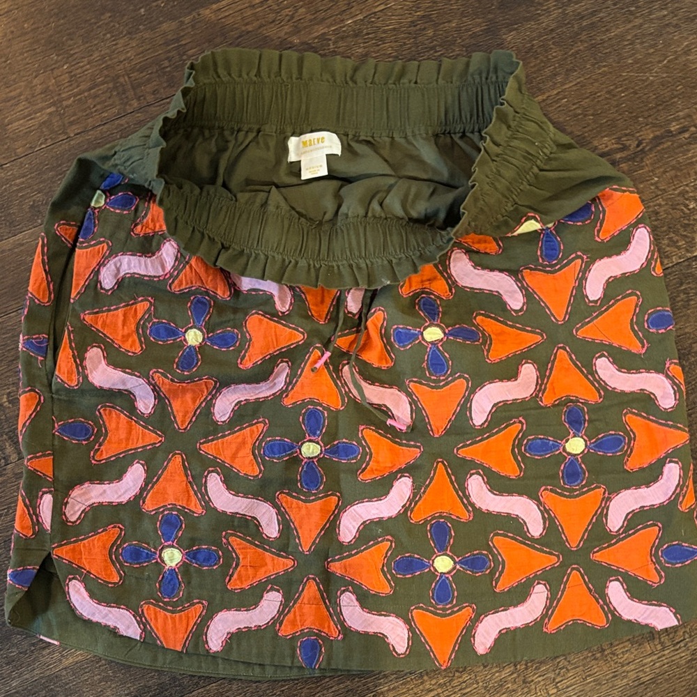 Anthropologie - Maeve Olive Mini Skirt with Orange, Pink & Blue Embroidery